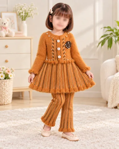 Girls’ Caramel Brown Knitted 2 Piece Winter Outfit with Striped Dress and Pants — 