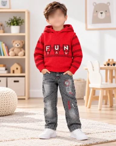 Kids’ Red FUN 3 Piece Winter Set with Hooded Vest, Sweater and Grey Jeans — 