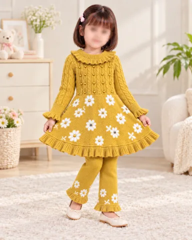 Girls Mustard Floral 2 Piece Knit Winter Set with Ruffle Dress and Matching Trousers — 