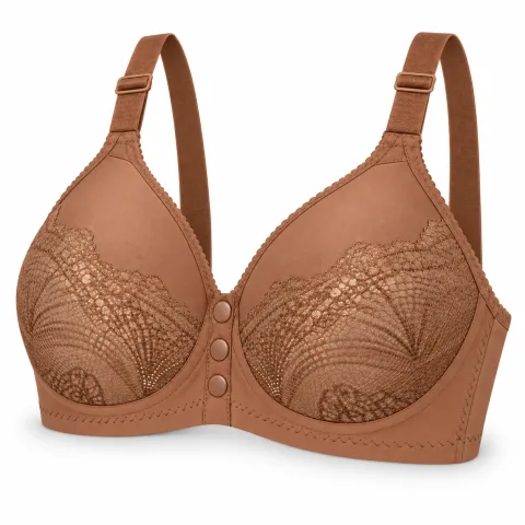 Warm Brown Lace Bra with Front Snap Closure — 