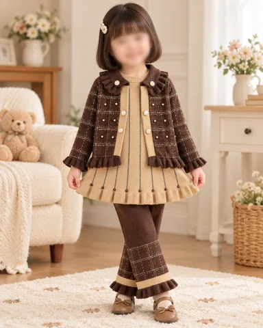 Girls’ Brown and Beige Knitted 3 Piece Winter Outfit with Plaid Jacket, Tunic and Pants — 