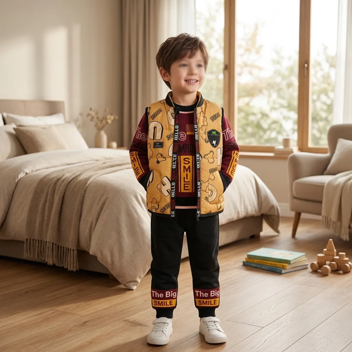 Boys’ 3 Piece Graphic Outfit Set with Burgundy SMILE Top, Yellow Zip Up Vest and Black Jogger Pants —