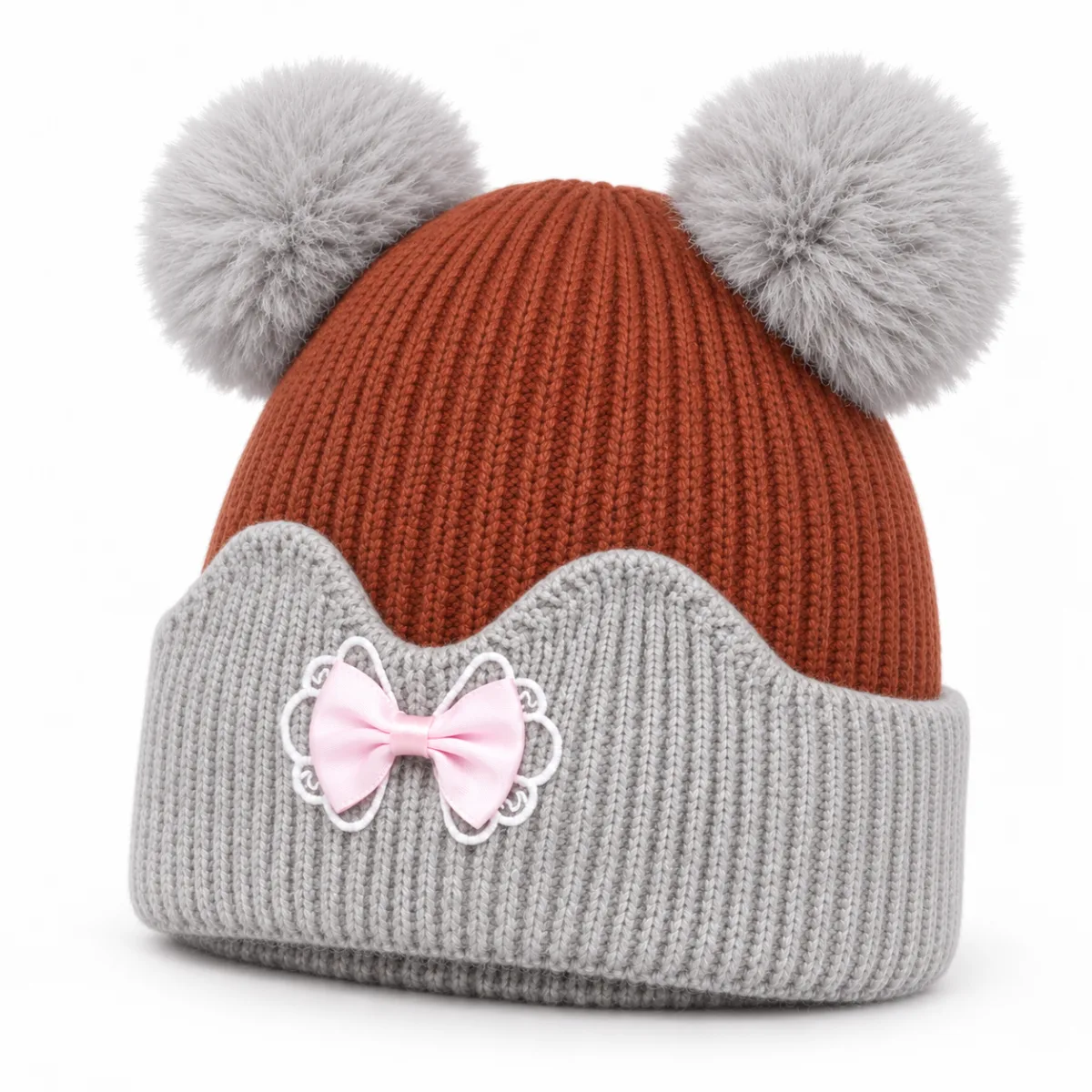 Kids’ Rust Brown and Light Grey Double Pom Pom Bow Hat —