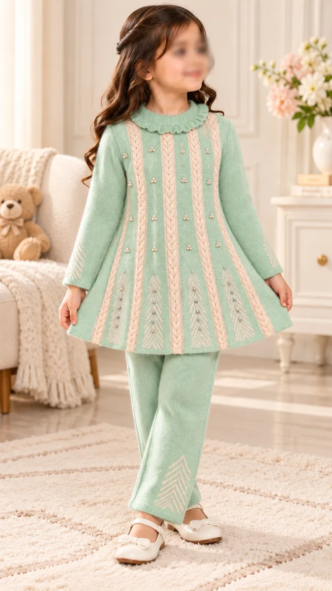 Girls’ Knitted 2 Piece Winter Outfit with Pearl and Cable Knit Detail —