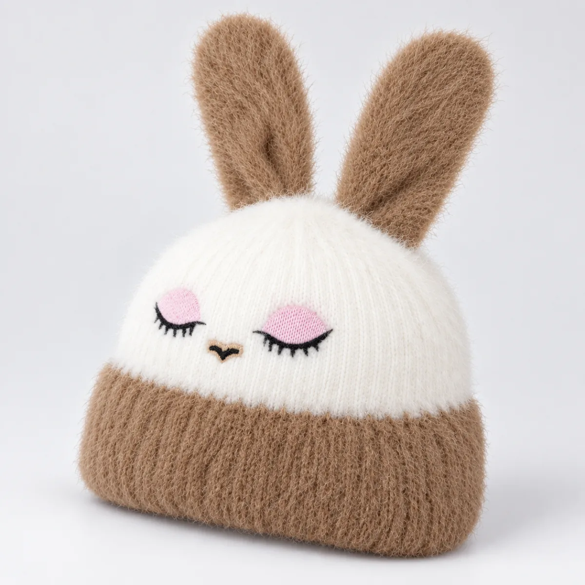 Soft Rabbit Wool Bunny Ear Beanie White and Camel Brown —