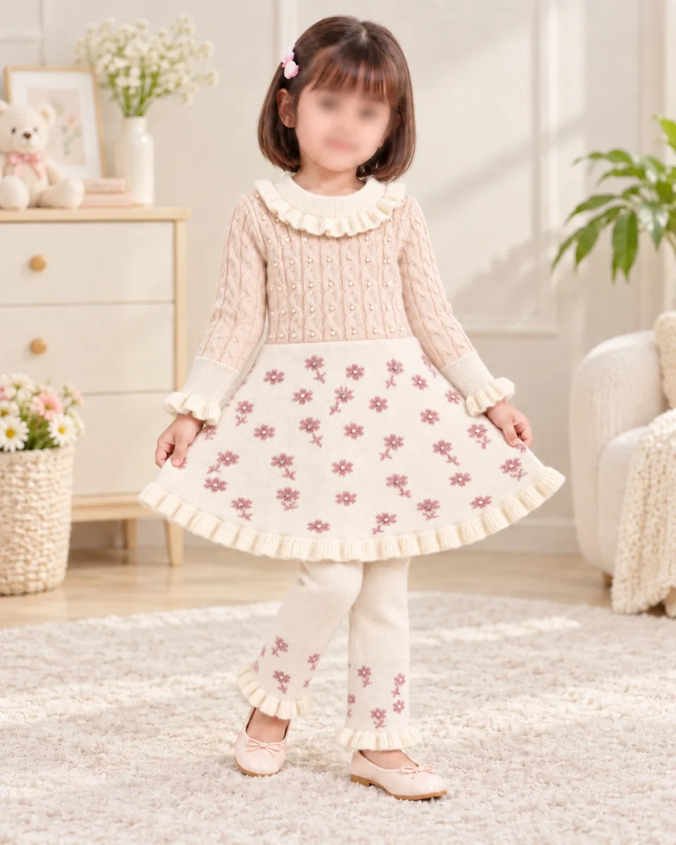 Girls’ 2-Piece Floral Knit Winter Set – Ruffle Dress & Matching Trousers —
