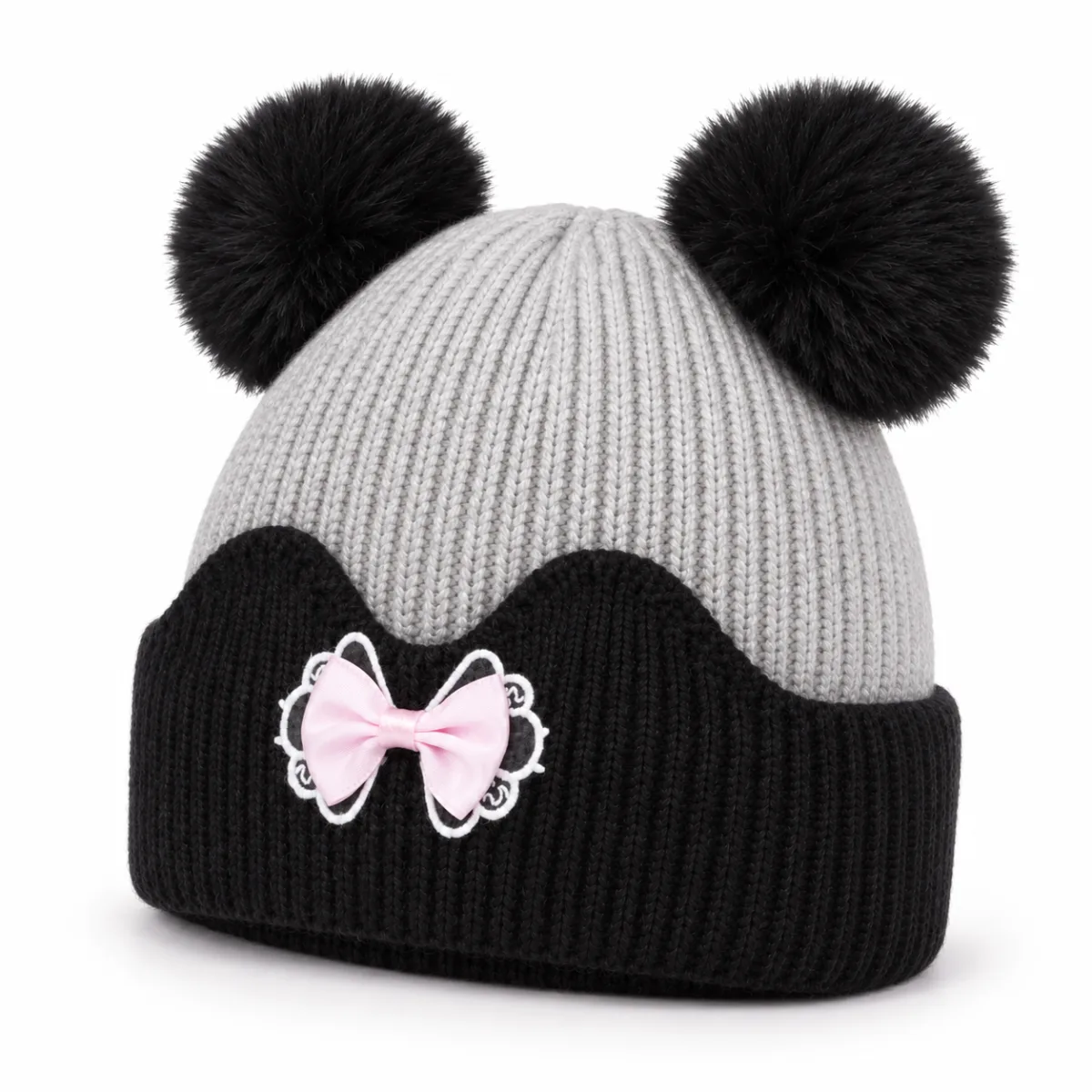 Kids’ Light Grey and Black Double Pom Pom Bow Hat — 