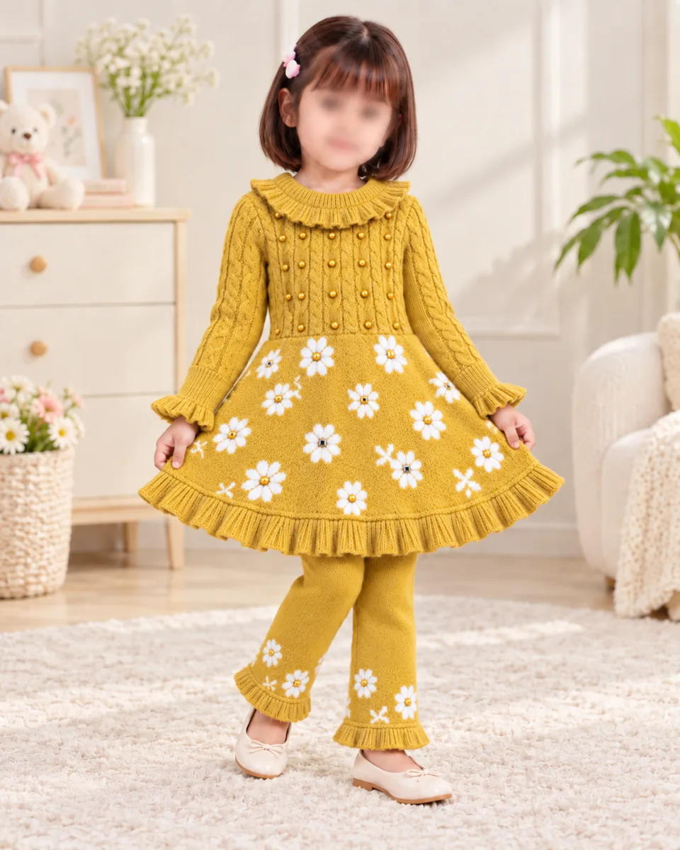 Girls Mustard Floral 2 Piece Knit Winter Set with Ruffle Dress and Matching Trousers — 