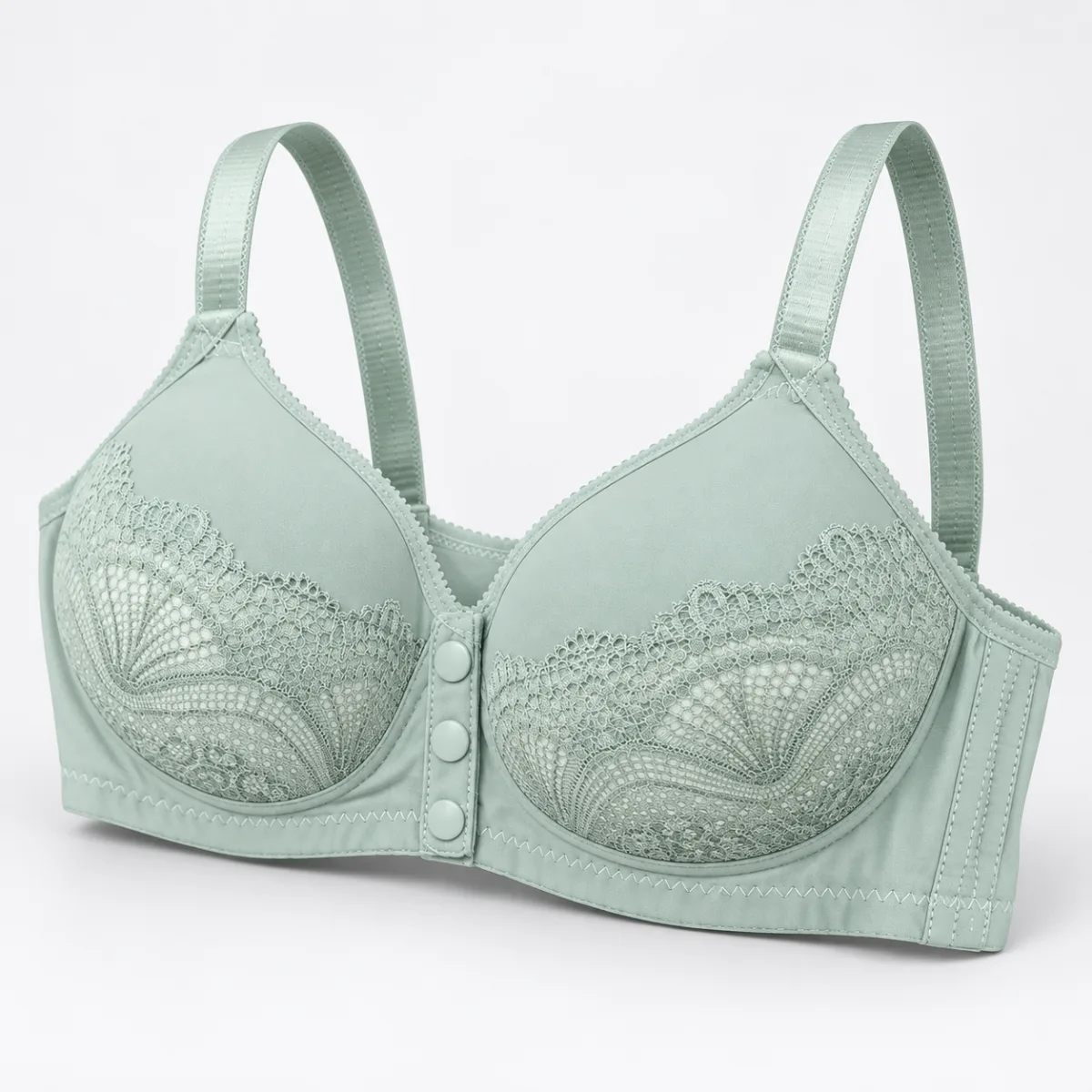 Mint Green Lace Bra with Three Button Front — 