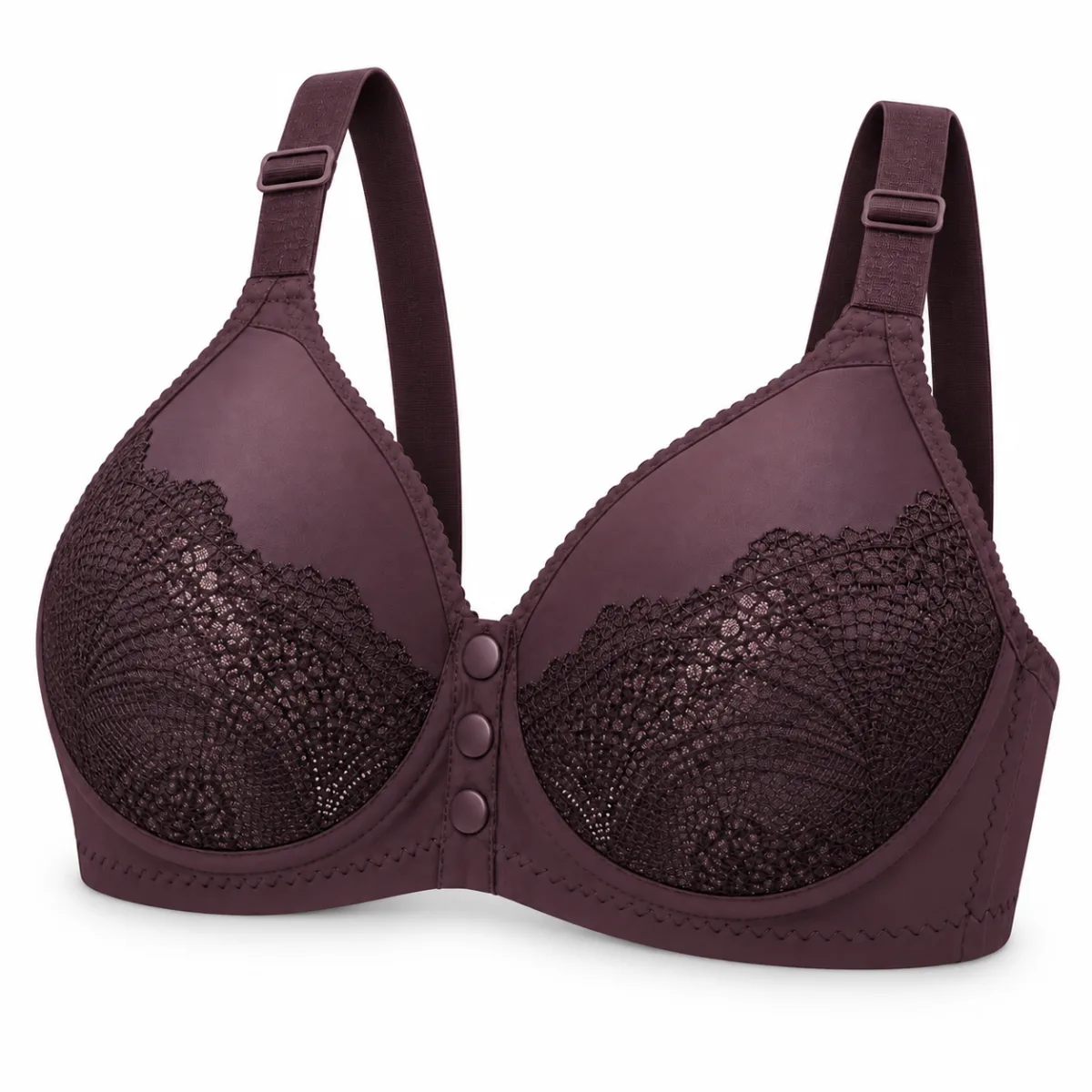 Plum Lace Bra with Front Snap Closure — 
