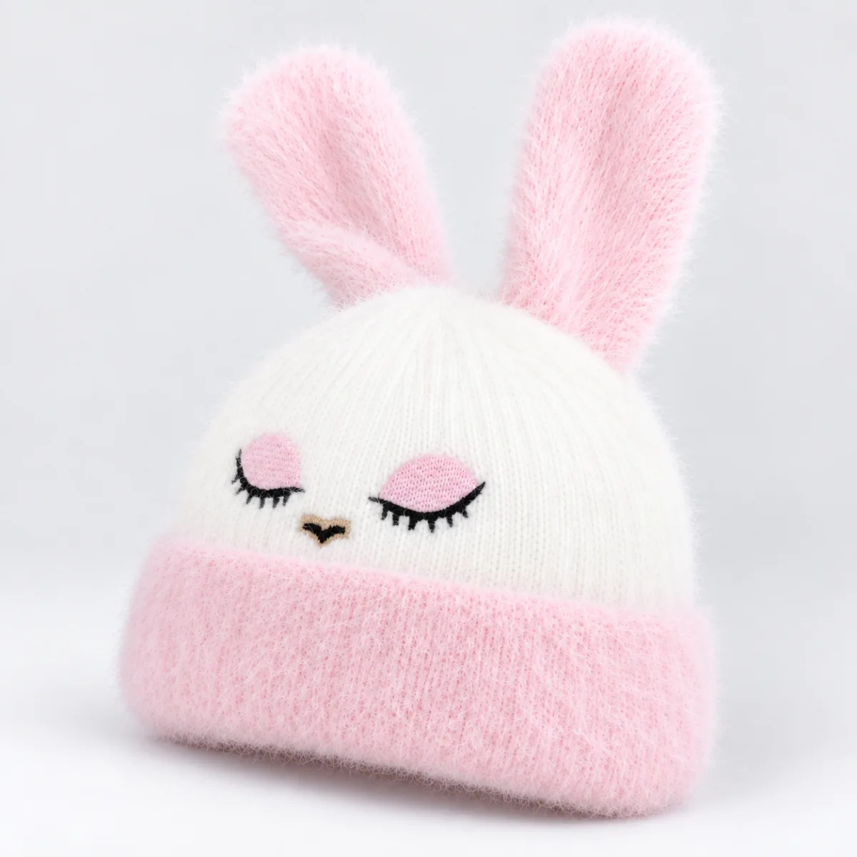 Soft Rabbit Wool Bunny Ear Beanie Baby Pink and White —