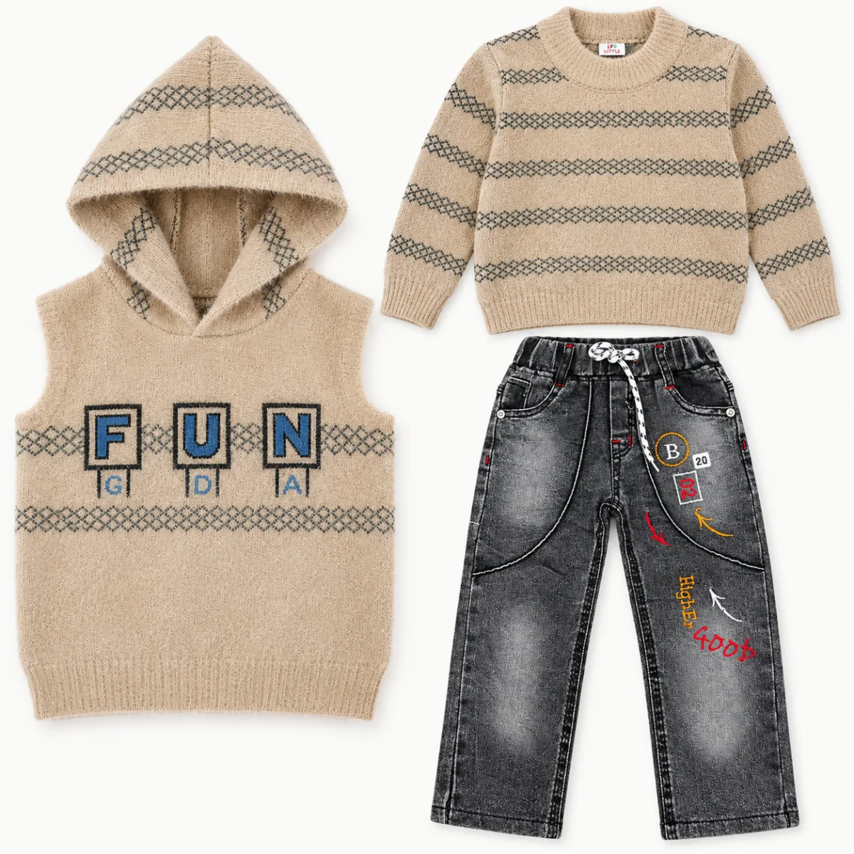 Boys’ 3 Piece Winter Outfit with Hooded Knit Vest, Sweater and Graphic Jeans — 