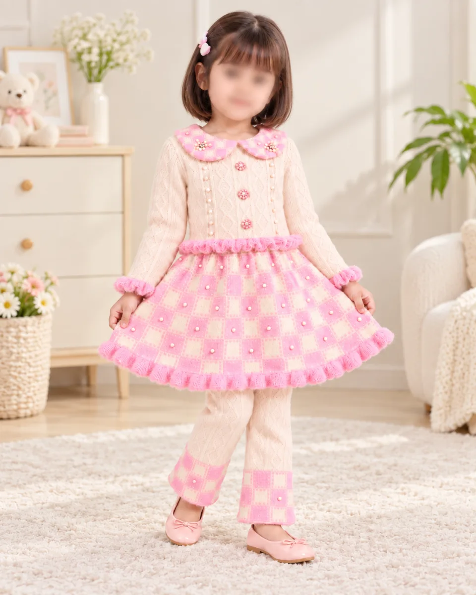 Girls’ Pink and Cream Knitted 2 Piece Winter Outfit with Pearl Details — 