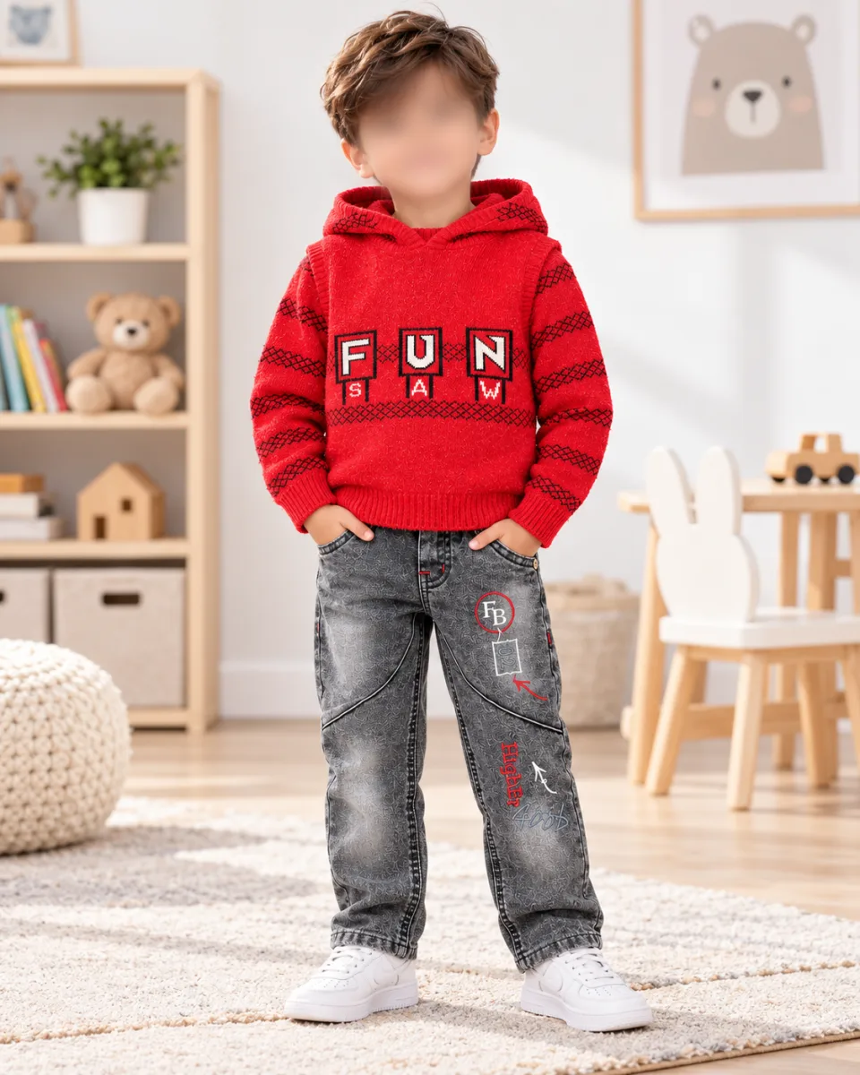 Kids’ Red FUN 3 Piece Winter Set with Hooded Vest, Sweater and Grey Jeans —