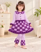Girls’ Purple and Lilac Knitted 2 Piece Winter Outfit with Checkered Skirt and Pearl Details photo 6