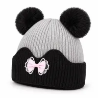 Kids’ Light Grey and Black Double Pom Pom Bow Hat photo 1