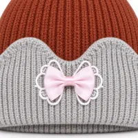 Kids’ Beige and Rust Brown Double Pom Pom Bow Hat photo 6