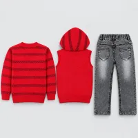 Kids’ Red FUN 3 Piece Winter Set with Hooded Vest, Sweater and Grey Jeans photo 3