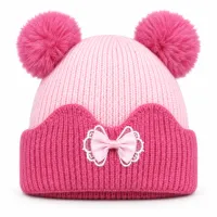 Kids’ Light Pink and Dark Pink Double Pom Pom Bow Hat photo 2