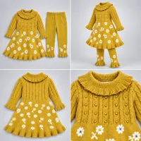 Girls Mustard Floral 2 Piece Knit Winter Set with Ruffle Dress and Matching Trousers photo 6