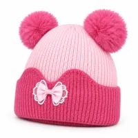 Kids’ Light Pink and Dark Pink Double Pom Pom Bow Hat photo 1
