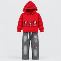 Kids’ Red FUN 3 Piece Winter Set with Hooded Vest, Sweater and Grey Jeans photo 4