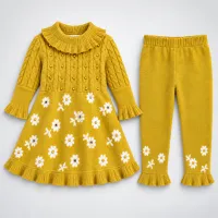 Girls Mustard Floral 2 Piece Knit Winter Set with Ruffle Dress and Matching Trousers photo 2