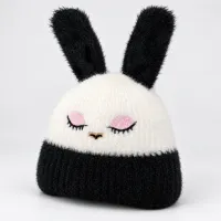 Soft Rabbit Wool Bunny Ear Beanie Black and White photo 1
