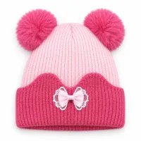 Kids’ Light Pink and Dark Pink Double Pom Pom Bow Hat photo 4