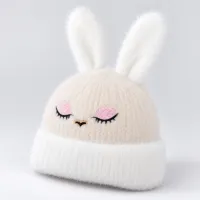 Soft Rabbit Wool Bunny Ear Beanie Cream and White photo 3