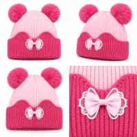 Kids’ Light Pink and Dark Pink Double Pom Pom Bow Hat photo 6