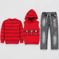 Kids’ Red FUN 3 Piece Winter Set with Hooded Vest, Sweater and Grey Jeans photo 2