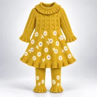 Girls Mustard Floral 2 Piece Knit Winter Set with Ruffle Dress and Matching Trousers photo 4