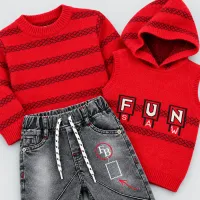 Kids’ Red FUN 3 Piece Winter Set with Hooded Vest, Sweater and Grey Jeans photo 5