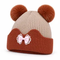 Kids’ Beige and Rust Brown Double Pom Pom Bow Hat photo 3