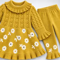Girls Mustard Floral 2 Piece Knit Winter Set with Ruffle Dress and Matching Trousers photo 5