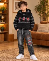 Boys’ 3 Piece Winter Outfit with Hooded Knit Vest, Sweater and Graphic Jeans photo 4