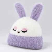 Soft Rabbit Wool Bunny Ear Beanie White and Lavender photo 1