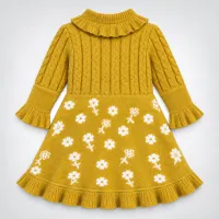 Girls Mustard Floral 2 Piece Knit Winter Set with Ruffle Dress and Matching Trousers photo 3