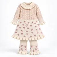 Girls’ 2-Piece Floral Knit Winter Set – Ruffle Dress & Matching Trousers photo 4